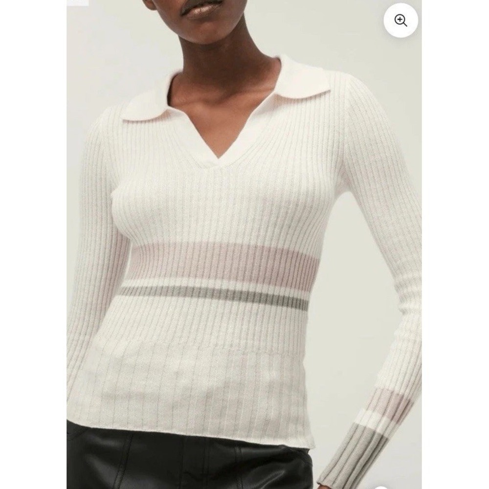 ANR+ Alp n‎ Rock Ava Rib Knit Polo Sweater Womens XS Cream Striped Ski Cotton